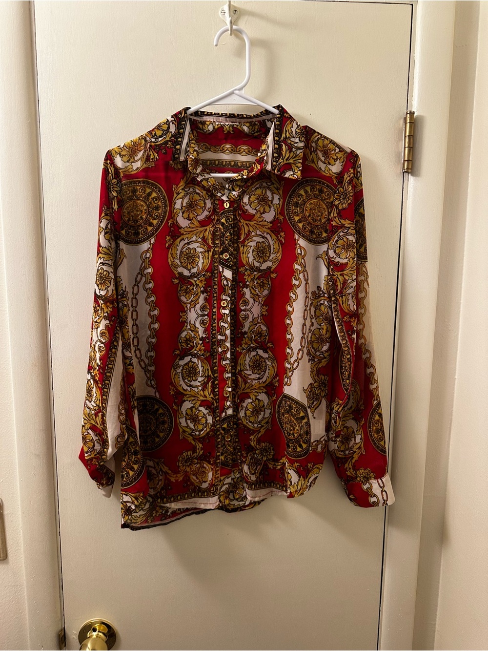Womens Red Baroque Print Button-Down Shirt